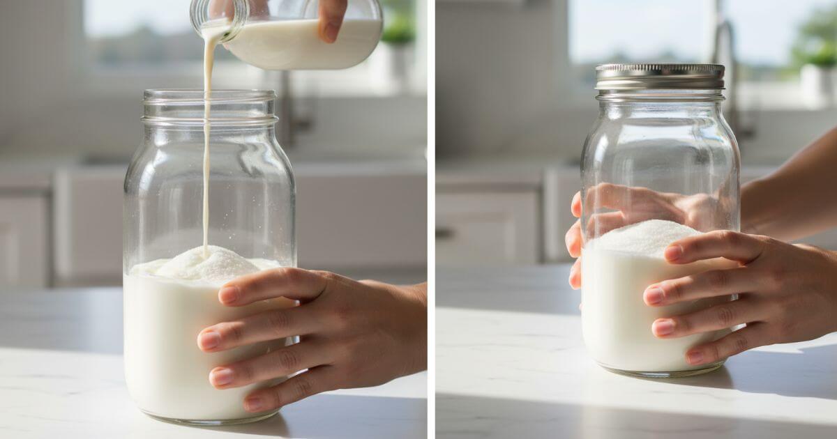 Preparing lassi by shaking yogurt and sugar in a tightly sealed mason jar