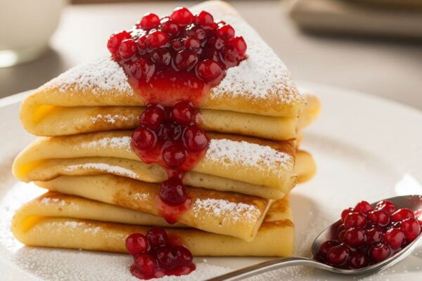Authentic Swedish Banana Pancakes (Bananpannkakor) bananpannkakor , Swedish pancakes served with lingonberry jam