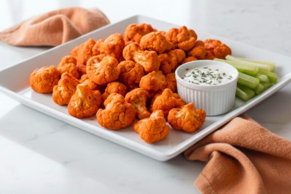 cauliflower bites with buffalo tossed and serving with celery sticks
