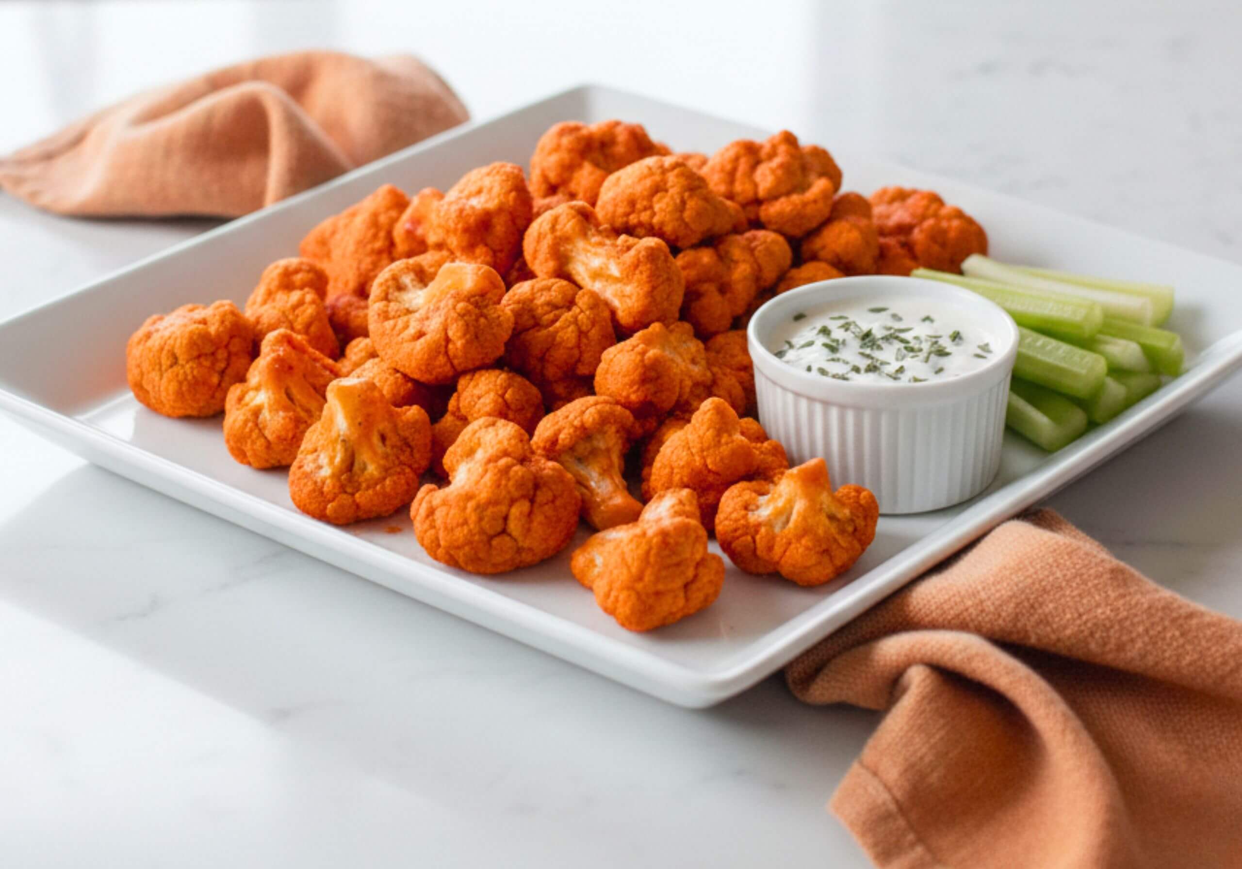 cauliflower bites with buffalo tossed and serving with celery sticks