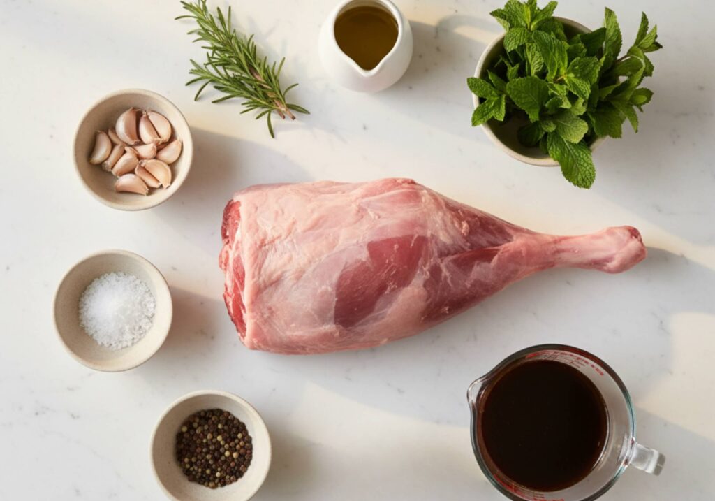 ingredients for lamb roasted leg with mint sauce